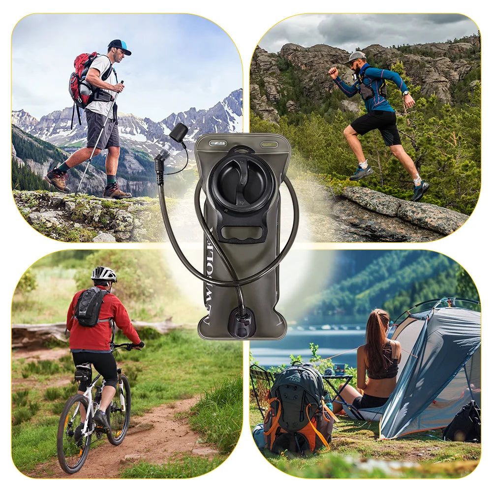 A collapsible hydration bladder is shown with various outdoor activities like hiking and camping.