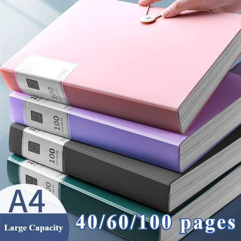 Pink A4 expanding file organizer with clear pocket dividers showing 40/60/100 pages capacity