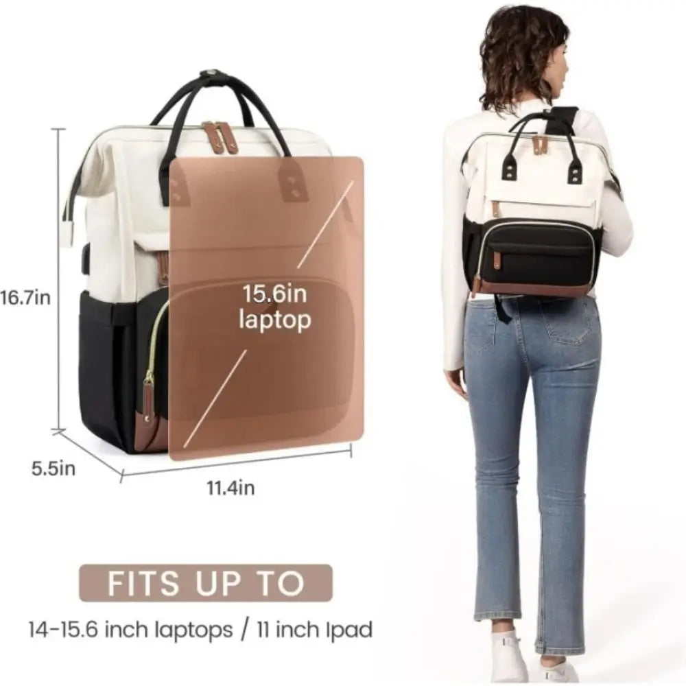 A white and black laptop backpack is shown next to a woman, demonstrating its size and fit for various laptops and iPads.