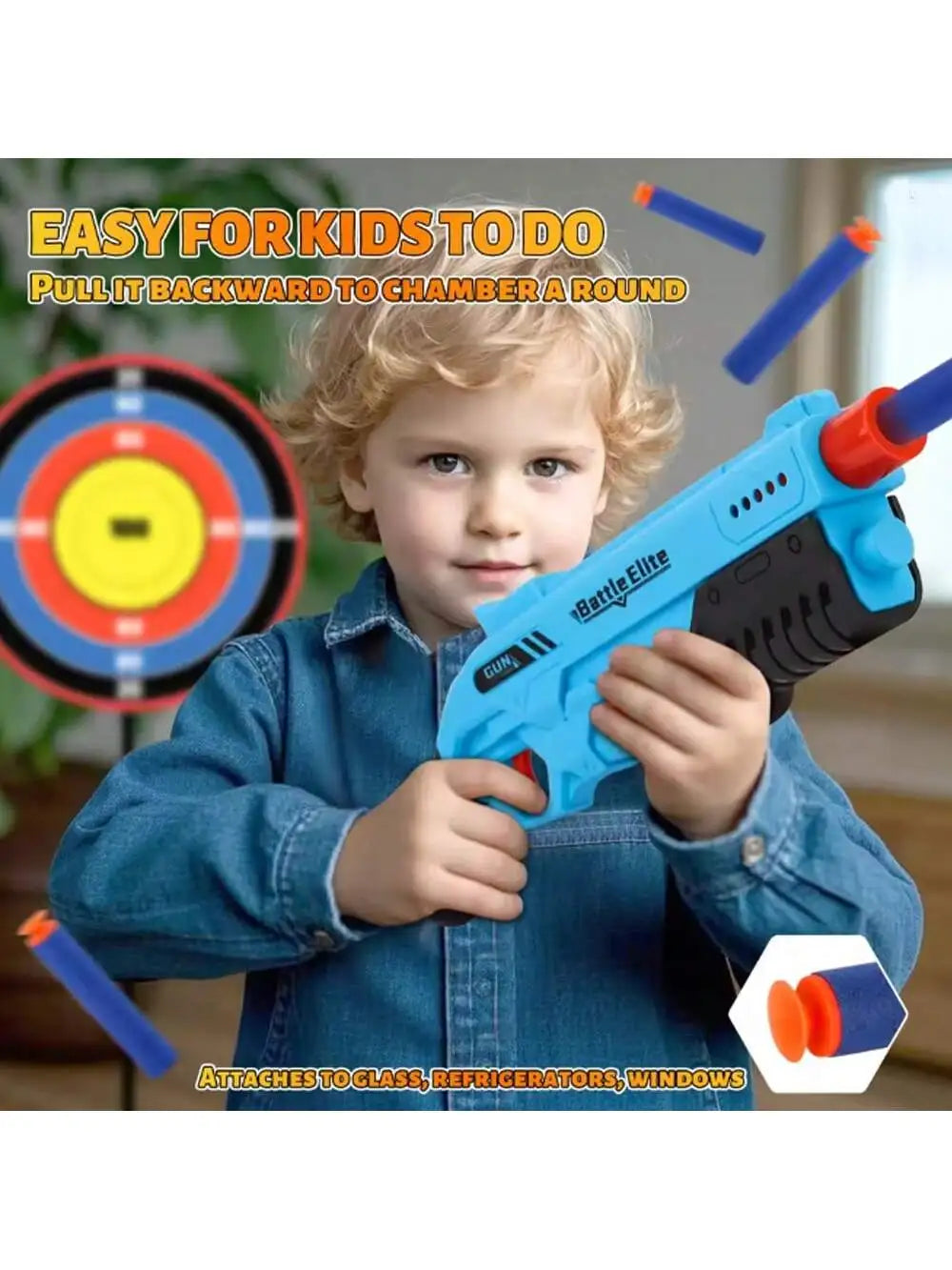 A young boy is holding a blue foam dart blaster toy aimed at a target, demonstrating its use.