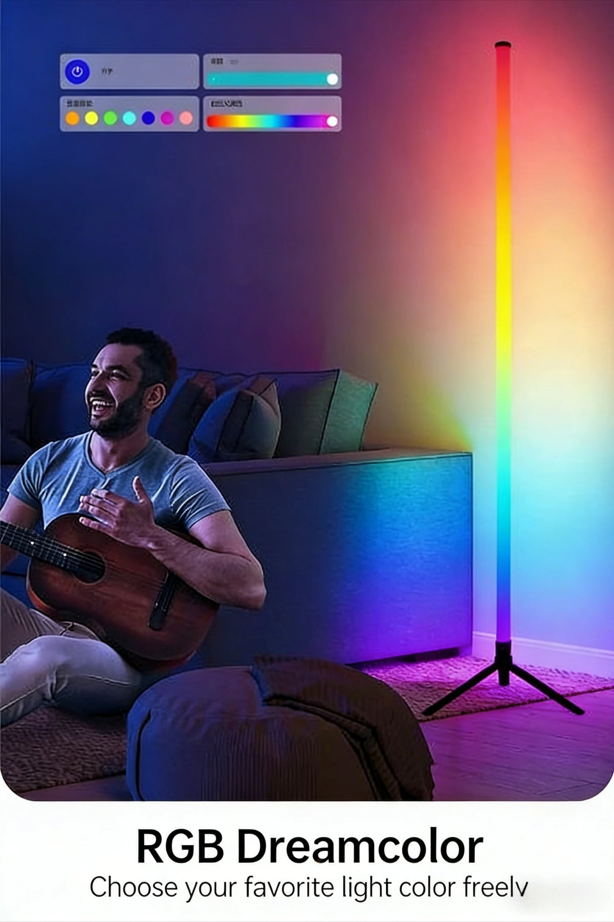 An LED RGB dreamcolor floor lamp illuminates a room with vibrant light and sound reactive ambient lighting.
