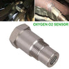 A silver oxygen sensor adapter component with threaded ends and a metal tip.
