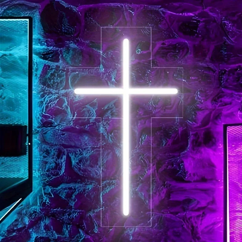 A glowing white cross neon sign is mounted on a dark purple stone wall.
