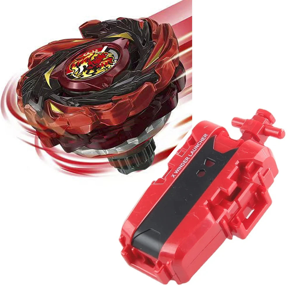 A red Beyblade launcher set featuring a Phoenix Wing and Drumsword component.