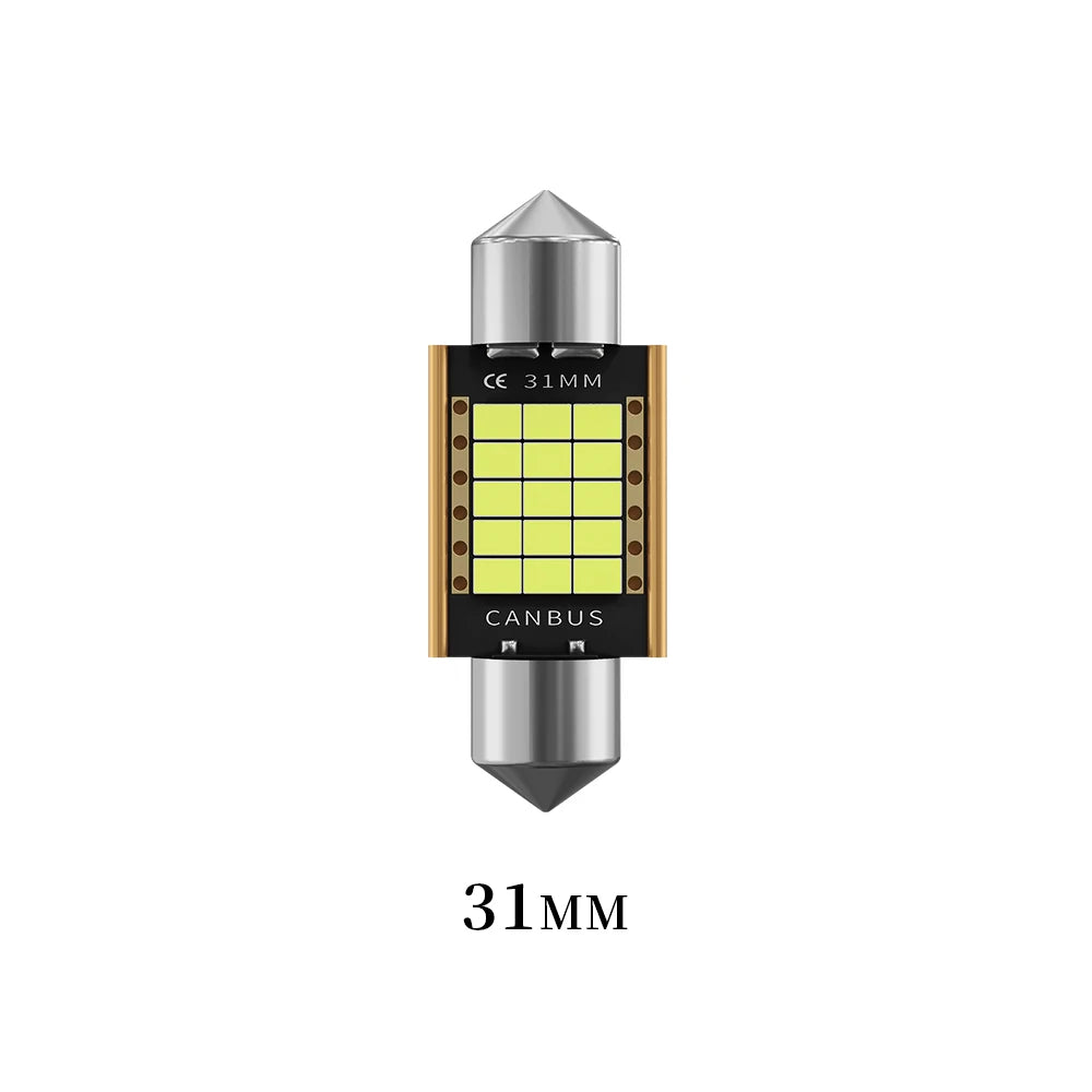 A 31mm Canbus LED festoon bulb with a silver housing and yellow light pattern.