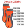 Orange telescopic scraper tool with two handles and twenty replacement blades.
