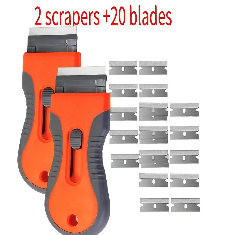Orange telescopic scraper tool with two handles and twenty replacement blades.