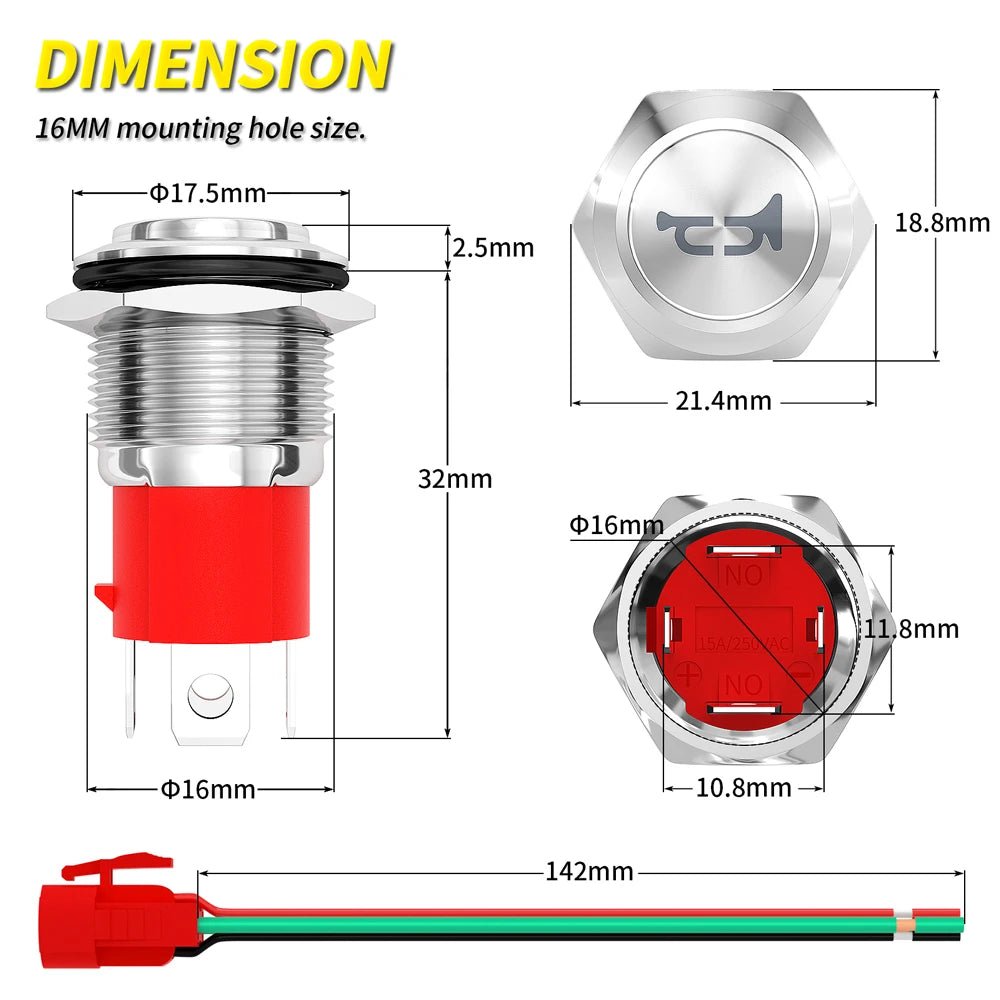 Heavy-Duty 16mm Stainless Steel Horn Button with Blue LED