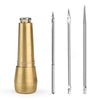 A set of gold-toned leather sewing awls with replaceable metal needles displayed vertically.