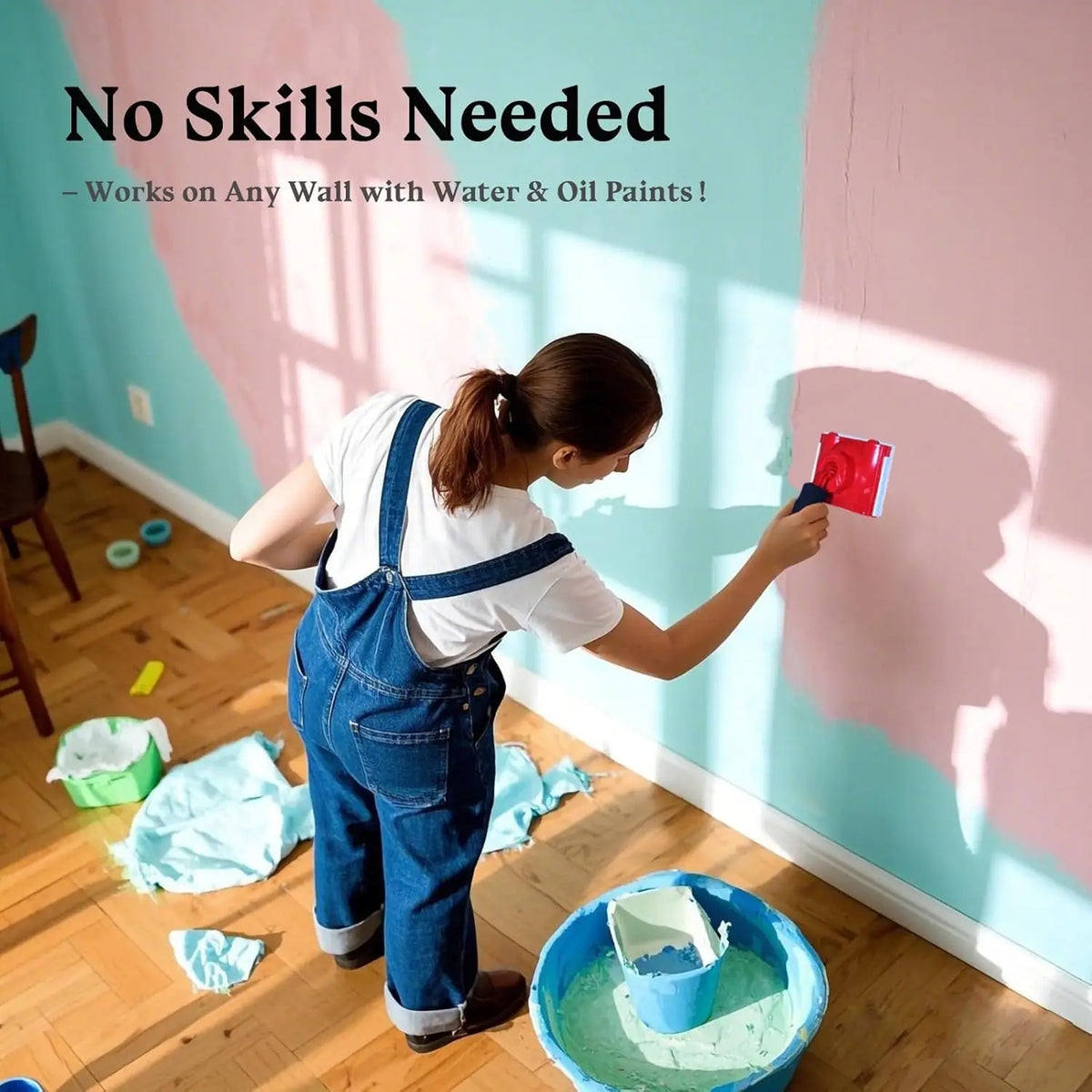 A person is using a red paint edger brush to apply paint on a pink wall with sunlight streaming in.