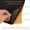 A hand applies a strong adhesive to a faux leather sheet, showing the layers of the material and insulation paper.