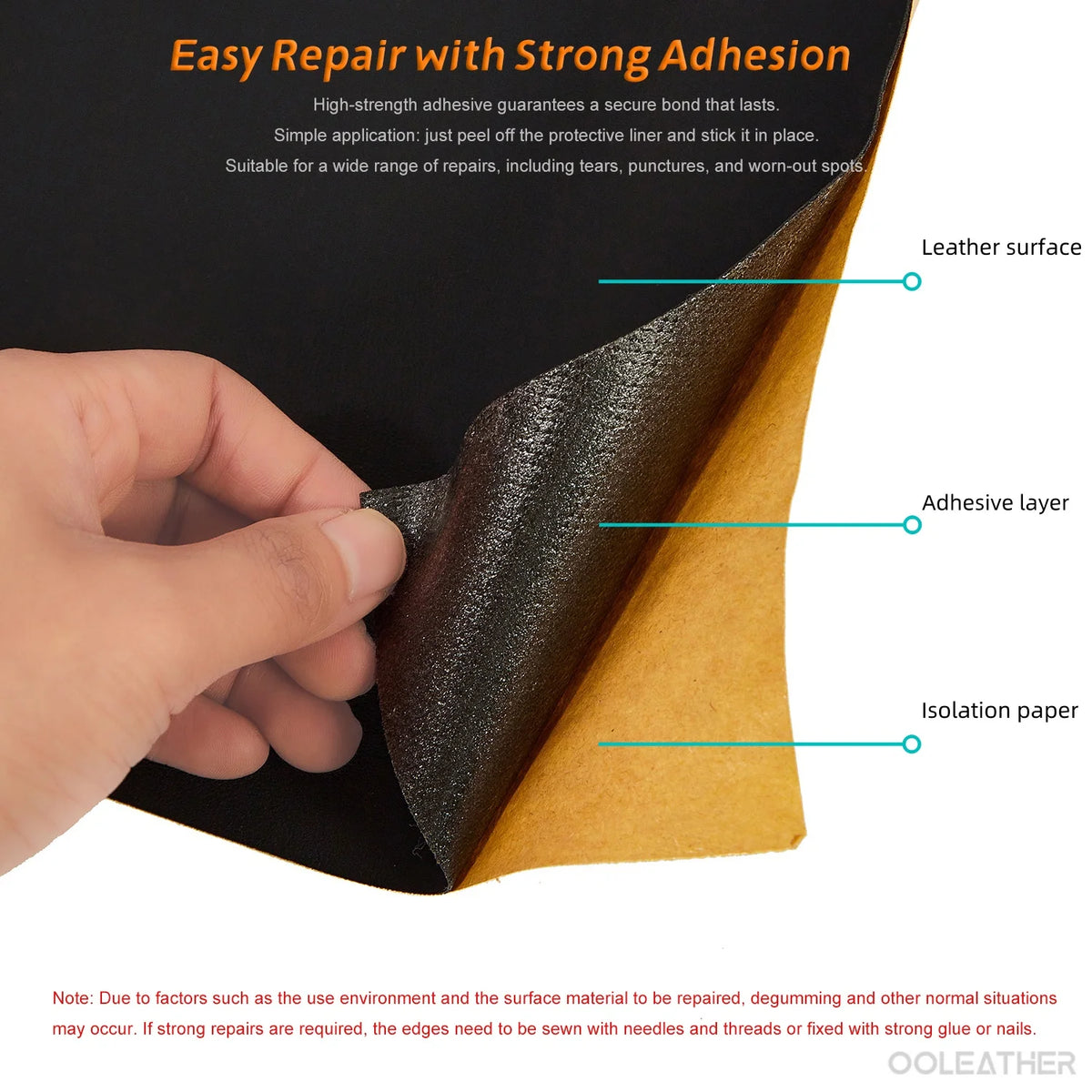 A hand applies a strong adhesive to a faux leather sheet, showing the layers of the material and insulation paper.