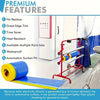 A roll of blue masking film is shown next to a white cabinet, illustrating features for painting projects.