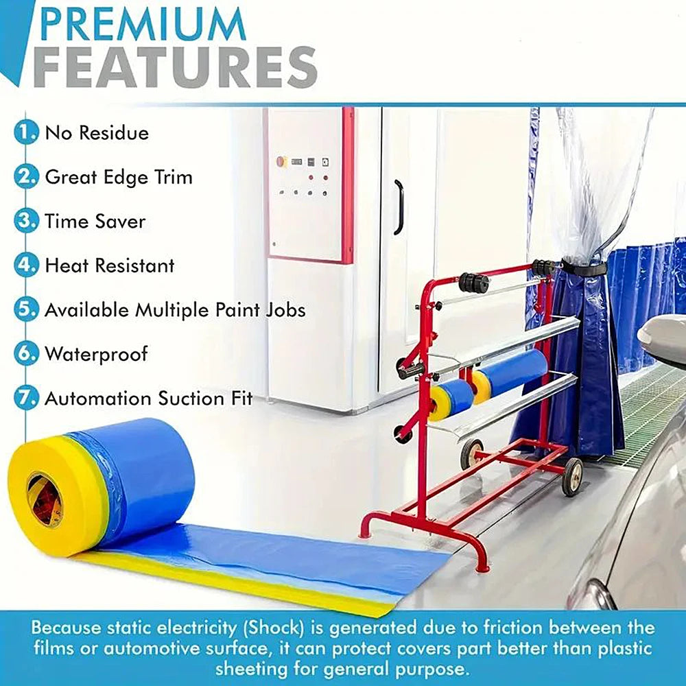 A roll of blue masking film is shown next to a white cabinet, illustrating features for painting projects.
