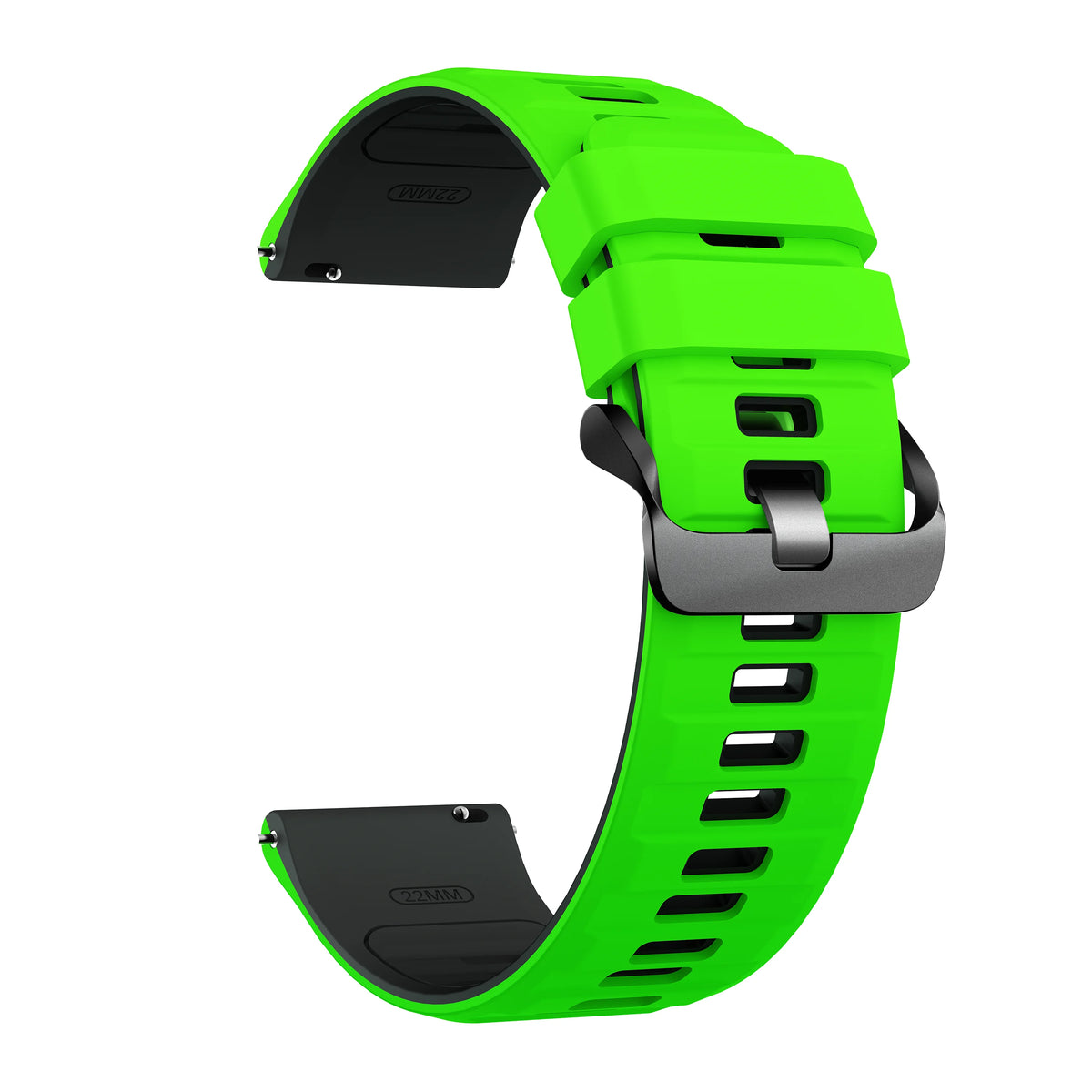 A bright lime green silicone watch band and protective case for a smartwatch.