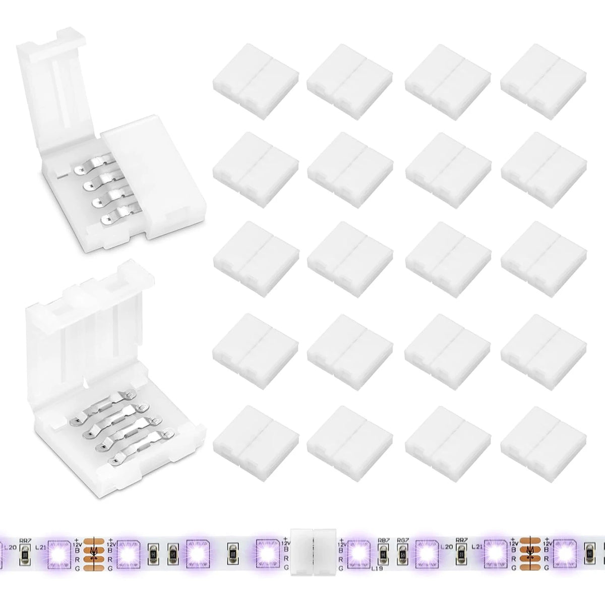 A collection of solderless L-shaped LED strip connectors for 4-pin RGB strips shown in various orientations.