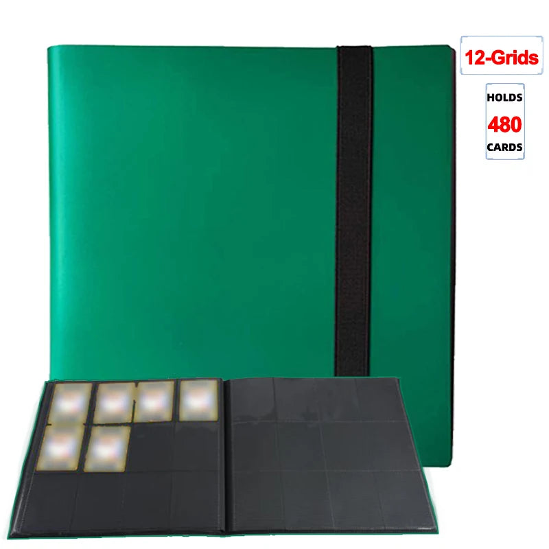 A green card binder album with a black spine and an attached black card holder is shown.