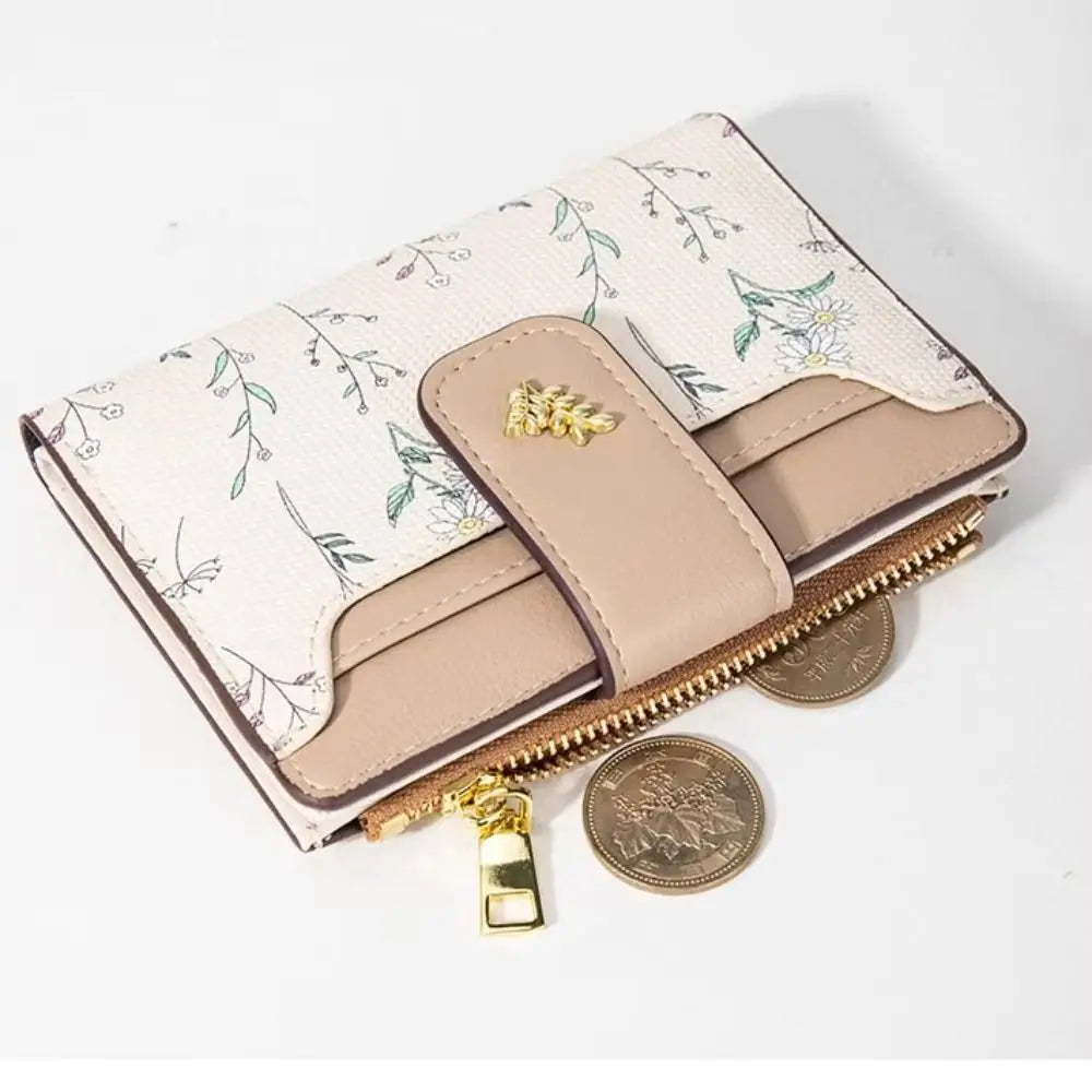 Slim PU Leather Zipper Wallet with Floral Detail