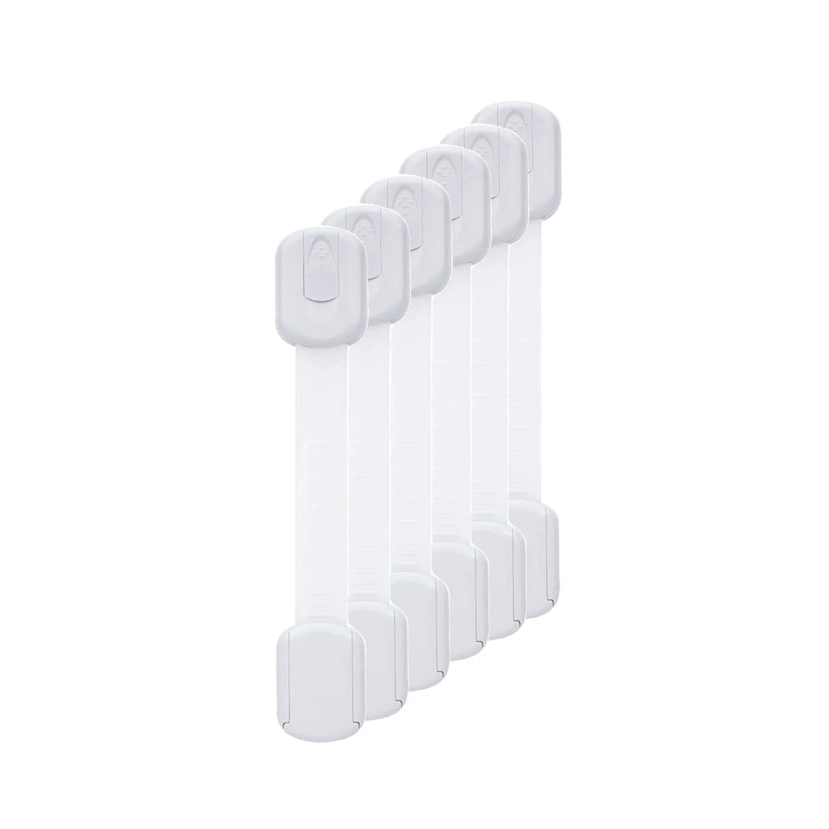 A set of white adjustable baby safety locks for cabinets, drawers, and fridges.