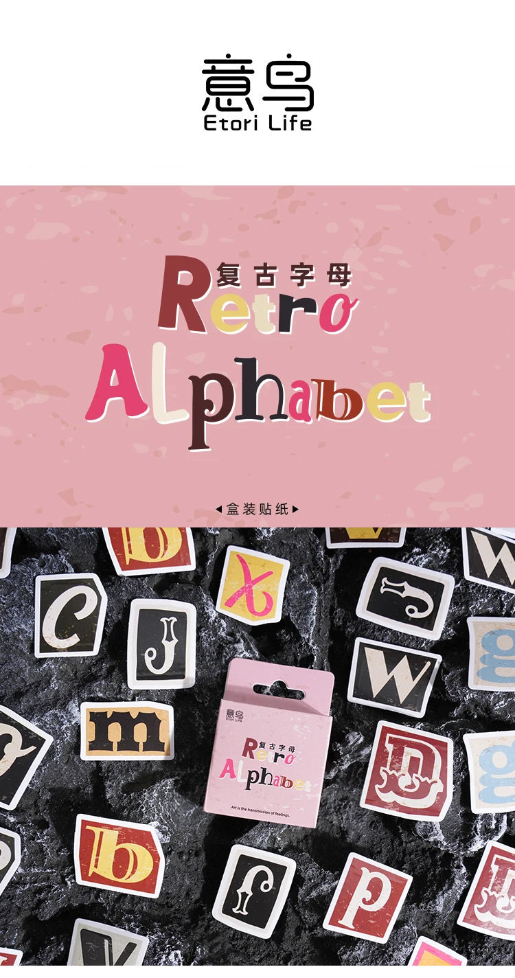 A collection of vintage alphabet stickers featuring various letters and symbols on a pink background.