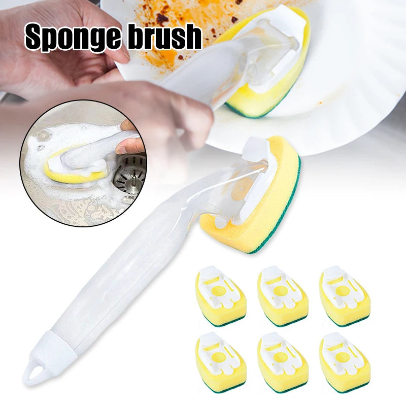 A white dish wand soap dispensing brush with multiple yellow sponge heads is shown for cleaning.
