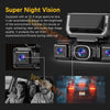 A close-up view of a black dash cam device with a large lens, demonstrating super night vision capabilities.