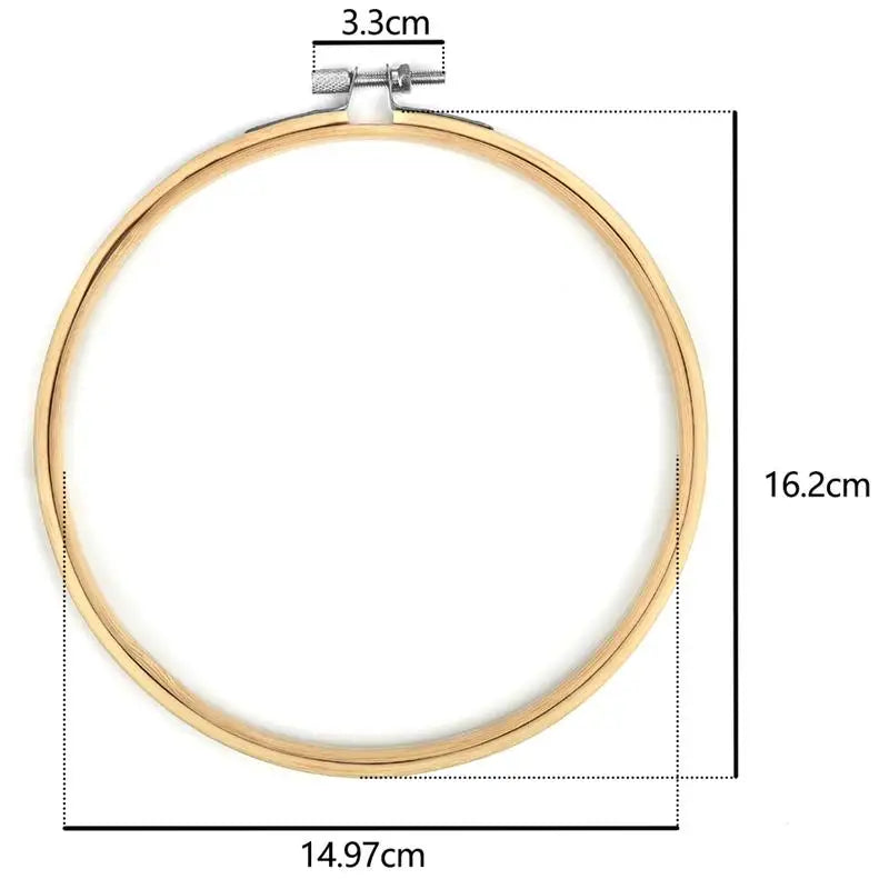 A circular bamboo embroidery hoop with a 16.2cm diameter and a 3.3cm adjustable screw.