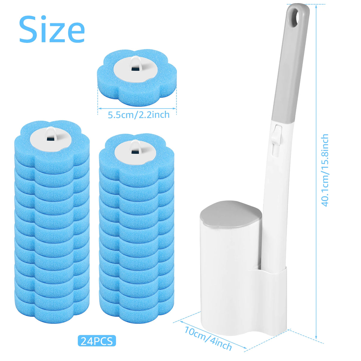 A set of blue disposable toilet brushes with a wall-mountable holder and extended handle.