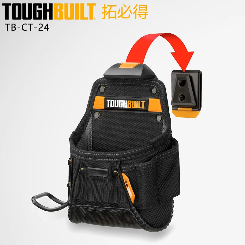 A black ToughBuilt TB-CT-24 electrician tool pouch with an orange belt clip and kickstand.