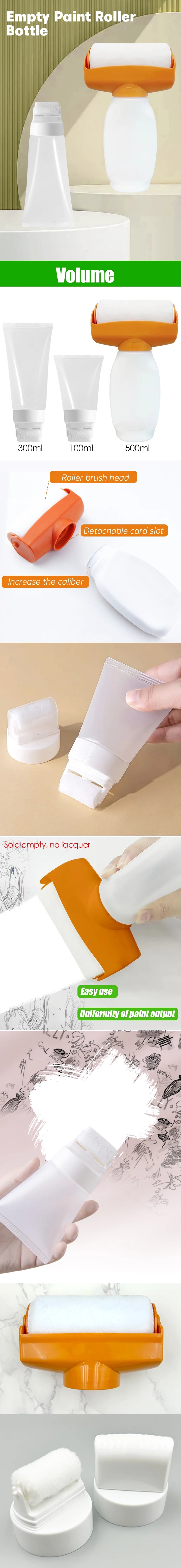 Various sizes of orange and white paint rollers and refillable bottles are shown for wall paint repair.