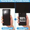 Comparison showing a mobile phone before and after using powerful shading portable curtains for 100% blackout.
