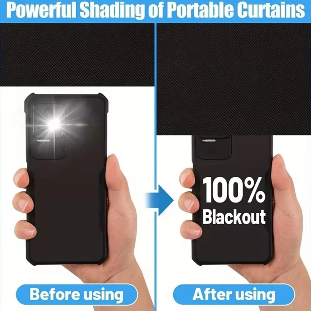 Comparison showing a mobile phone before and after using powerful shading portable curtains for 100% blackout.