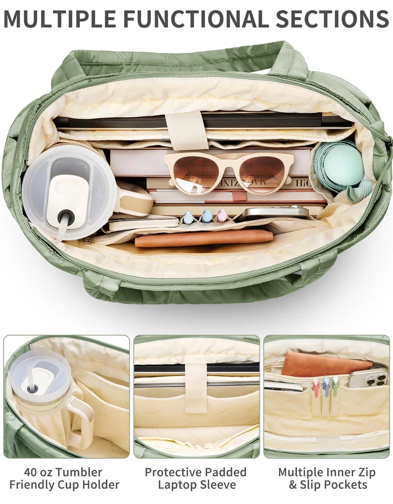 A green quilted tote bag showing multiple functional sections including a cup holder, laptop sleeve, and slip pockets.