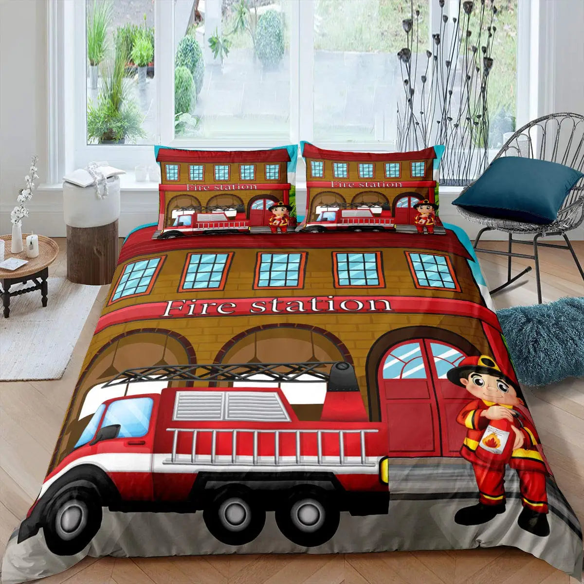 A bedding set featuring a large graphic of a red fire engine and firefighters on a yellow background.