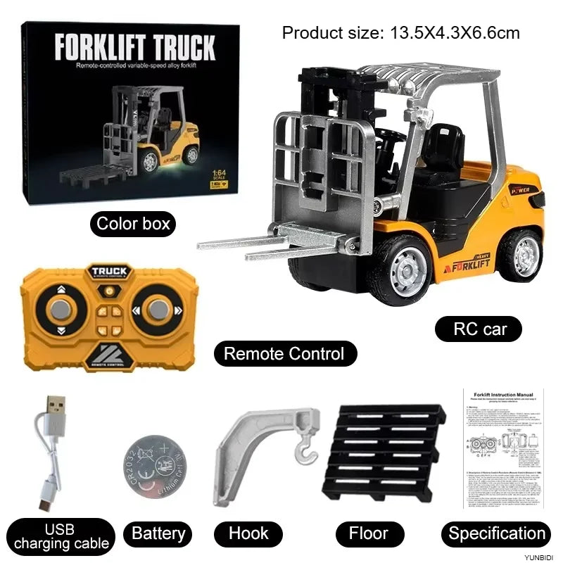 A yellow 1:64 scale remote control forklift with a trailer, along with accessories like a color box, battery, and hook.