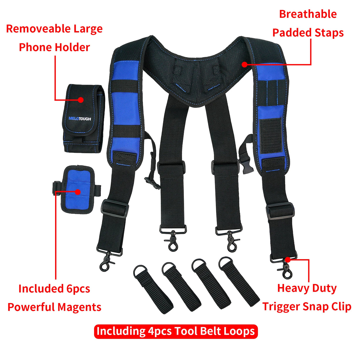 Black magnetic tool belt suspenders with blue accents and a removable large phone holder.