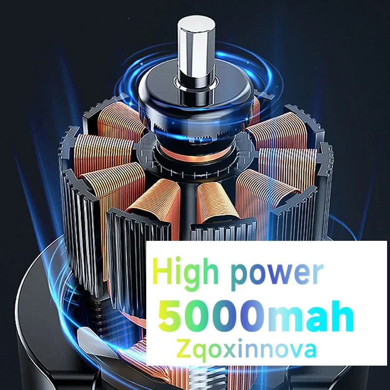 A close-up view of a high-power 5000mah Zqoxinnova electric spin scrubber with interchangeable brush heads.