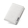 A slim vertical light gray leather wallet with multiple card slots shown from above.
