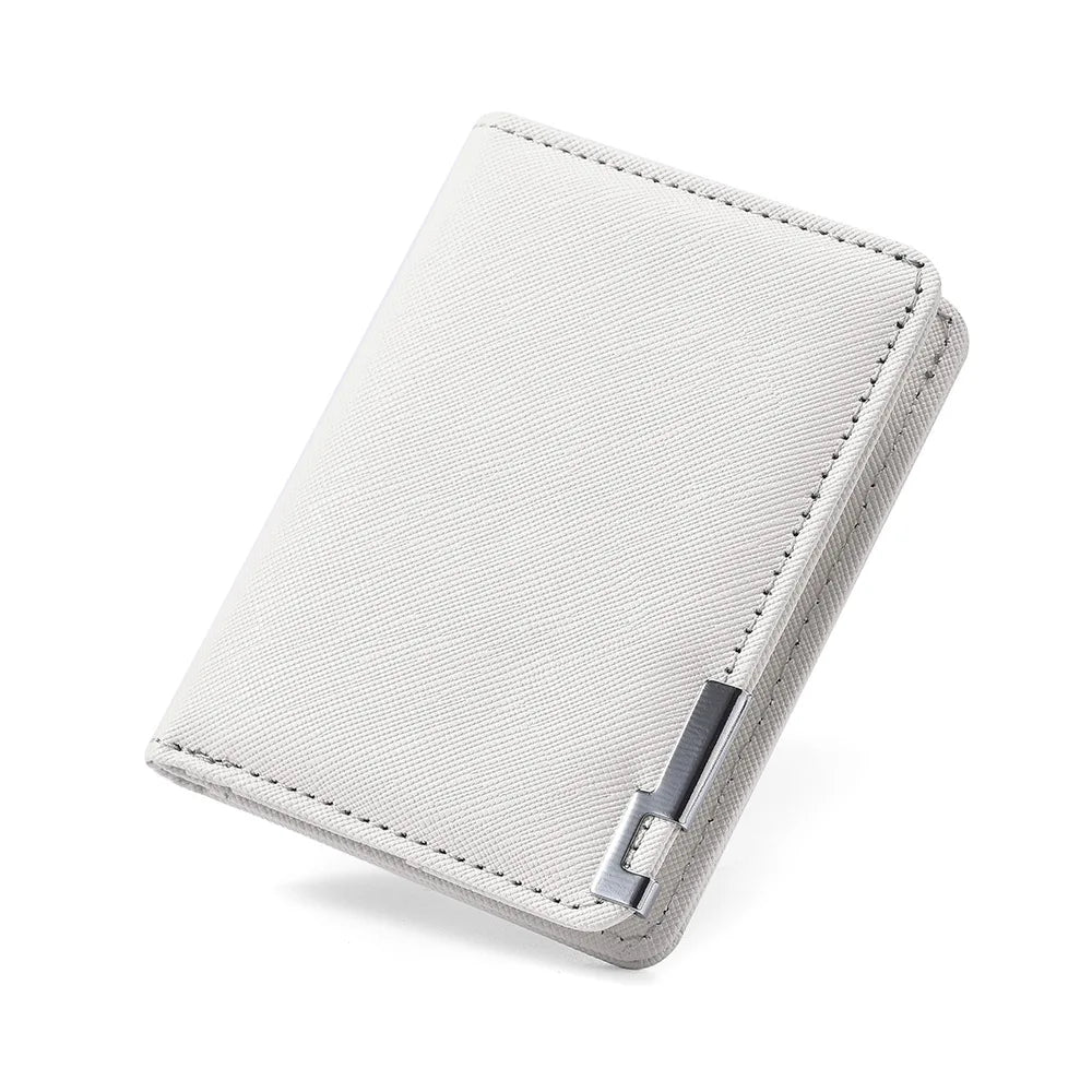 A slim vertical light gray leather wallet with multiple card slots shown from above.