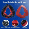 Red hard bristle scrub brush with a rocket shape head and durable bristles shown alongside close-ups.