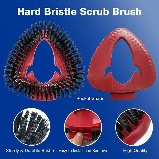 Red hard bristle scrub brush with a rocket shape head and durable bristles shown alongside close-ups.