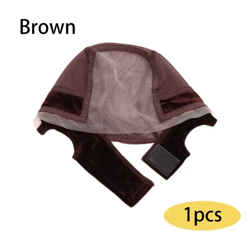 Brown adjustable non-slip lace wig grip cap shown flat