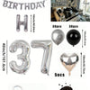A kit featuring black and silver foil numbers, balloons, and chocolate for a birthday decoration.