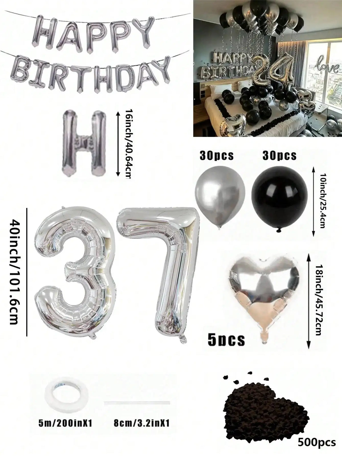 A kit featuring black and silver foil numbers, balloons, and chocolate for a birthday decoration.