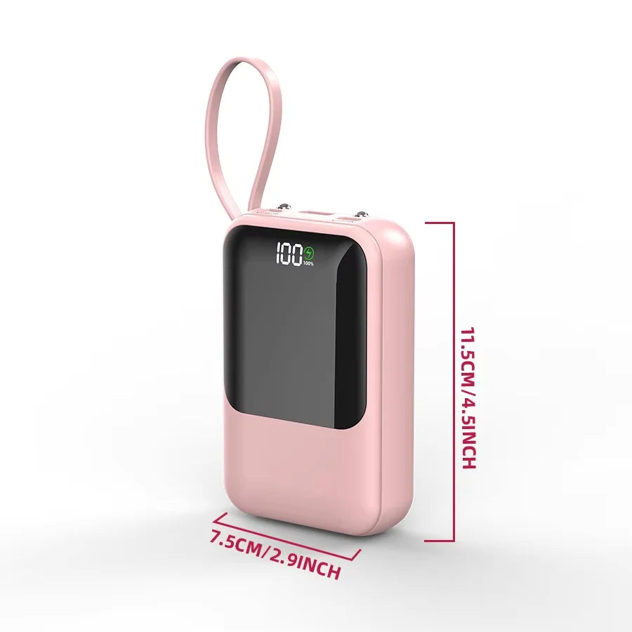 Pinke, hochkapazitäre, portable Powerbank mit schwarzem Display und Loop-Griff.