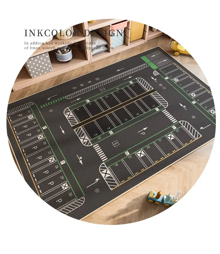 A dark play mat with painted car traffic lines is shown in a wooden nursery setting.