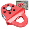 A red 3-ton heavy duty snatch block for off-road winching, showing the main body and a close-up of the latch mechanism.