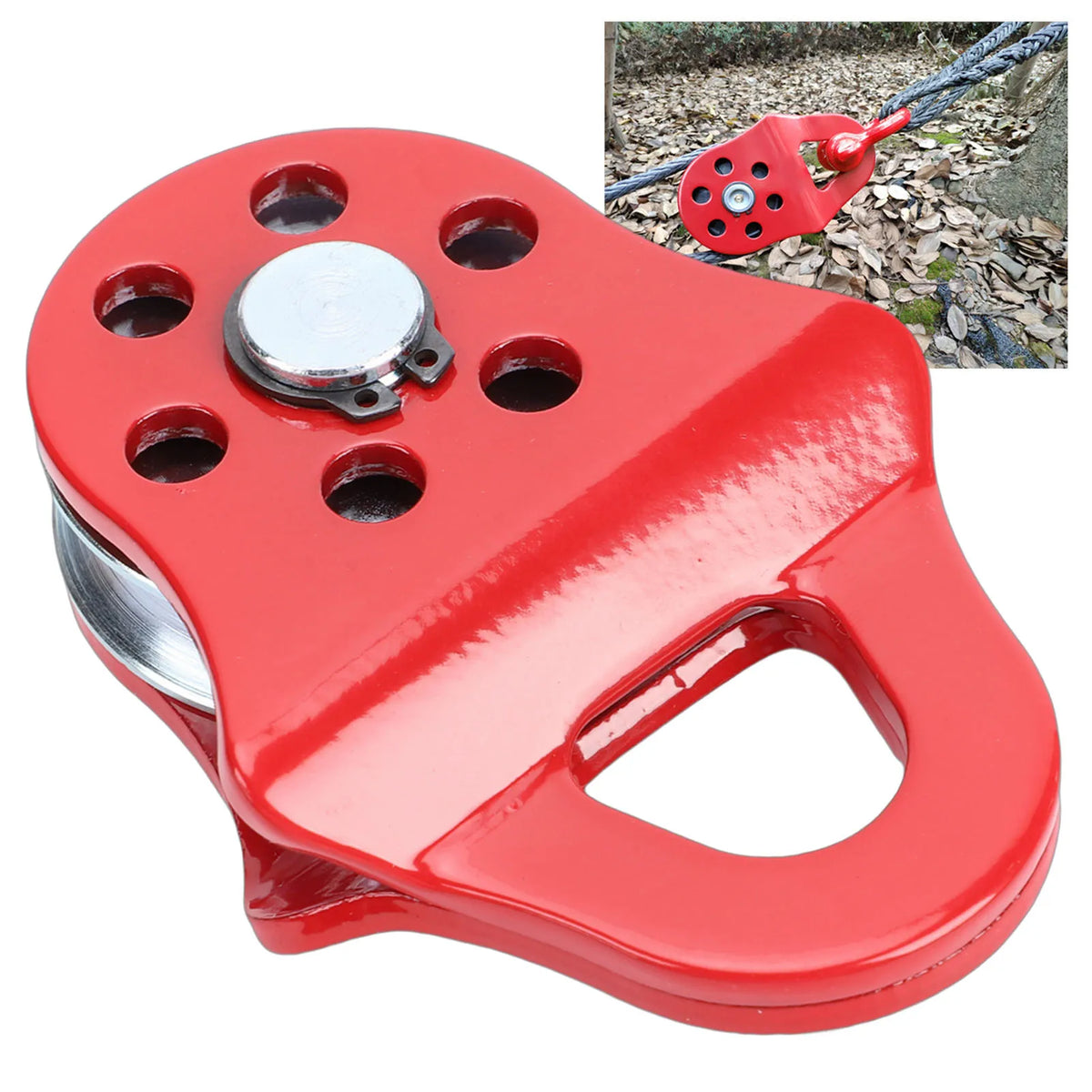 A red 3-ton heavy duty snatch block for off-road winching, showing the main body and a close-up of the latch mechanism.
