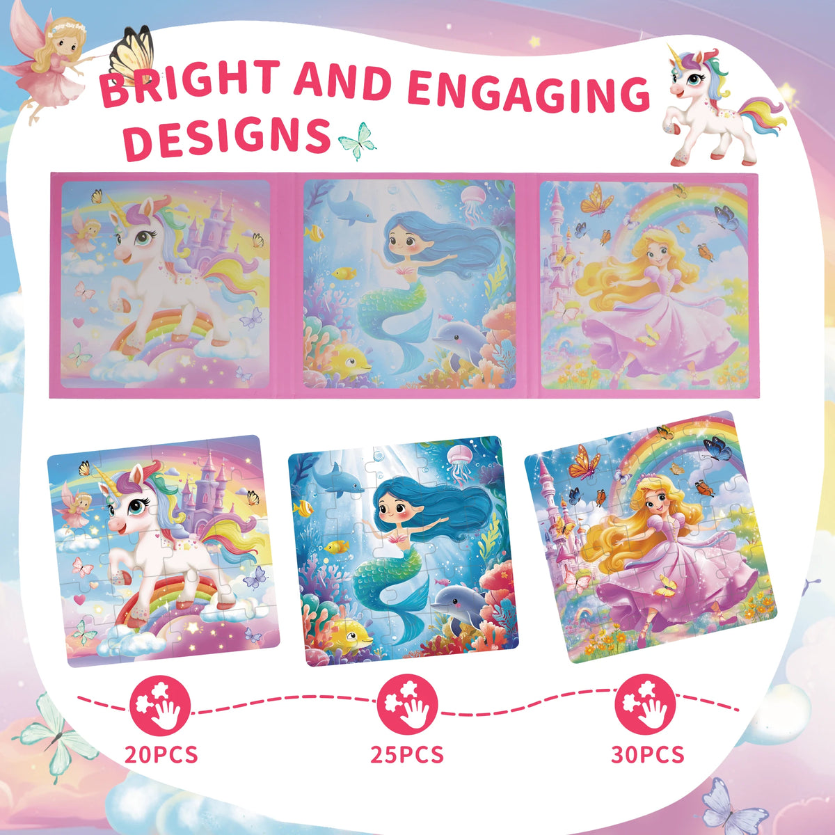 A collection of magnetic puzzle pieces featuring unicorn and mermaid princess designs for girls.