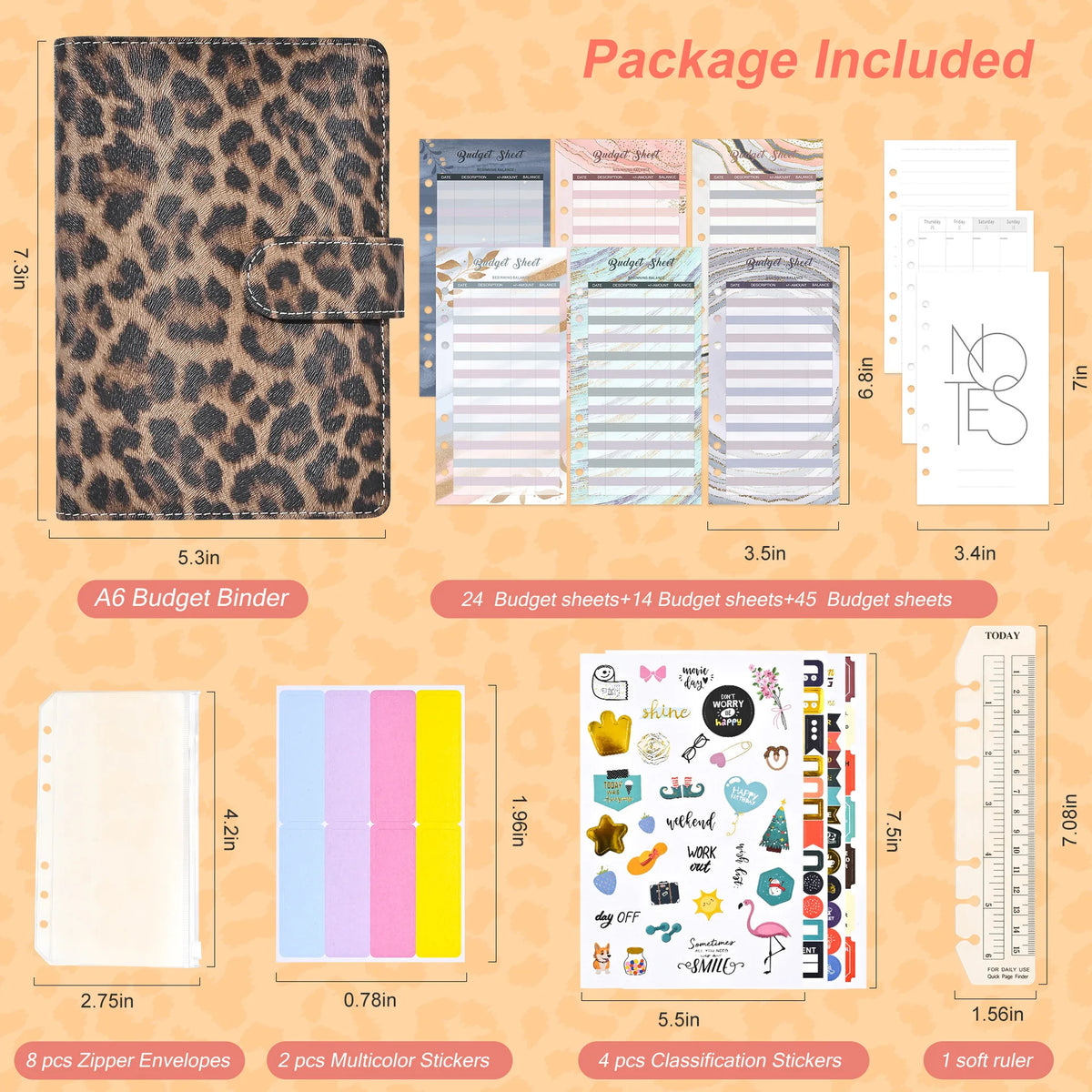Paket mit Leopardenmuster A6 Budget-Notizbüchern, inklusive Ring und Aufkleber.